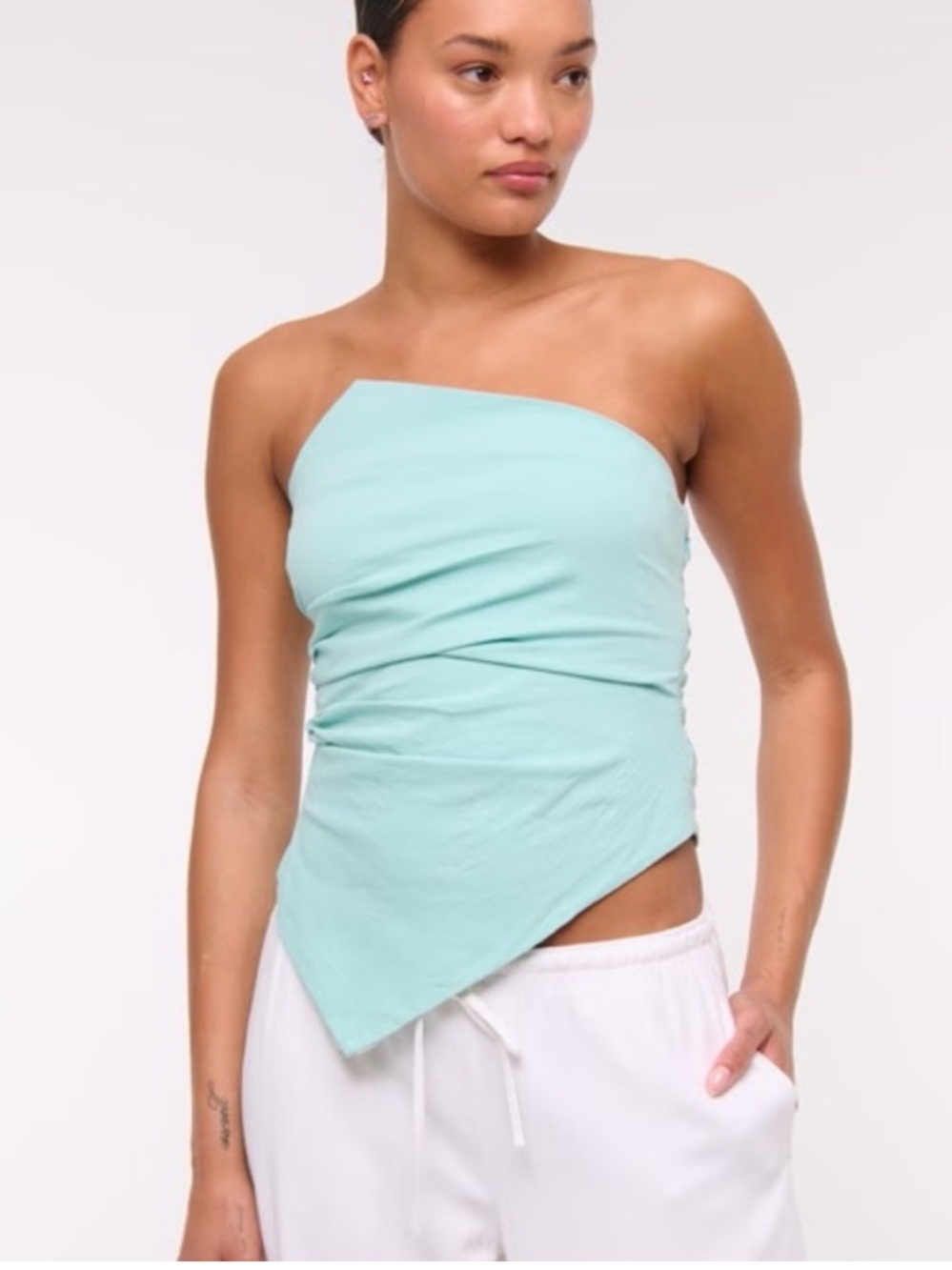 NWT Abercrombie & Fitch Asymmetrical Strapless Top in Mint/Light Blue | Size XS